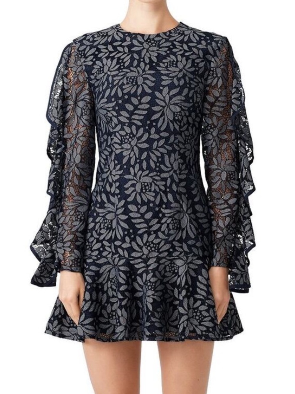 KEEPSAKE Navy / silvery gray Floral lace Ruffle Mini Dress EUC XL